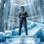 Homme en costume gris debout dans architecture glacée futuriste