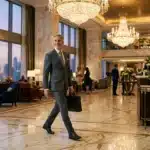 Homme en costume gris marchant dans un hall d'hôtel élégant avec chandelier