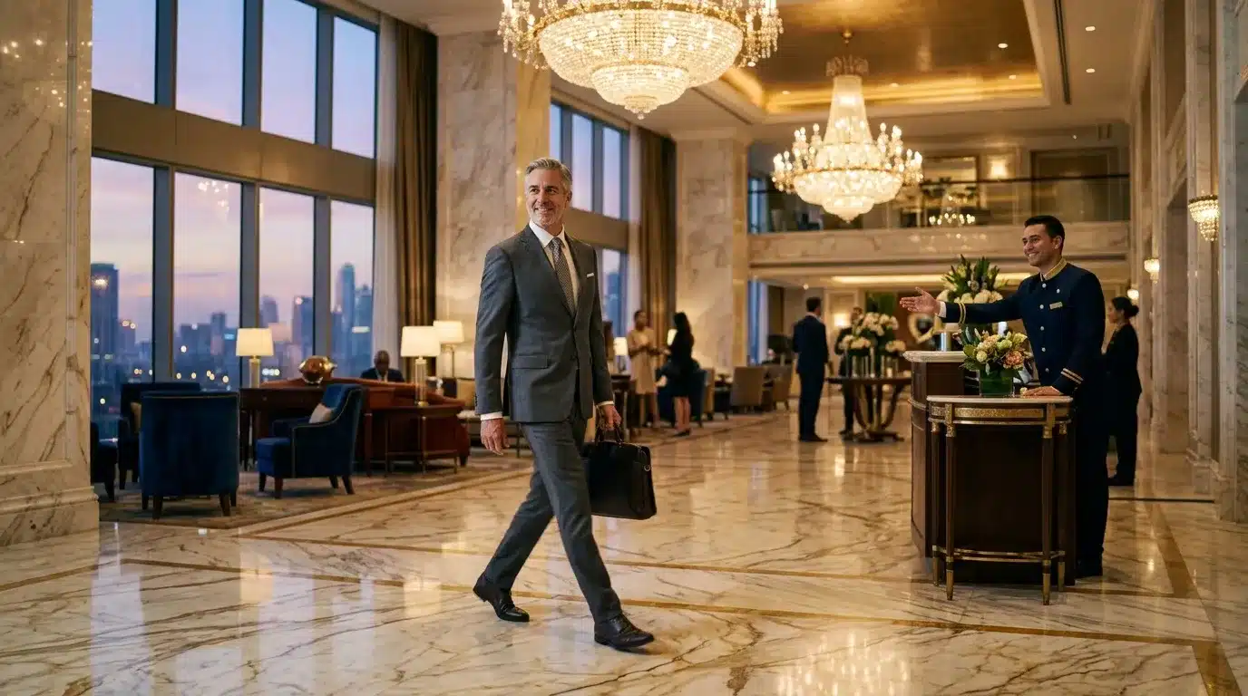 Homme en costume gris marchant dans un hall d'hôtel élégant avec chandelier