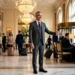 Homme en costume gris accueillant dans un hall de prestige