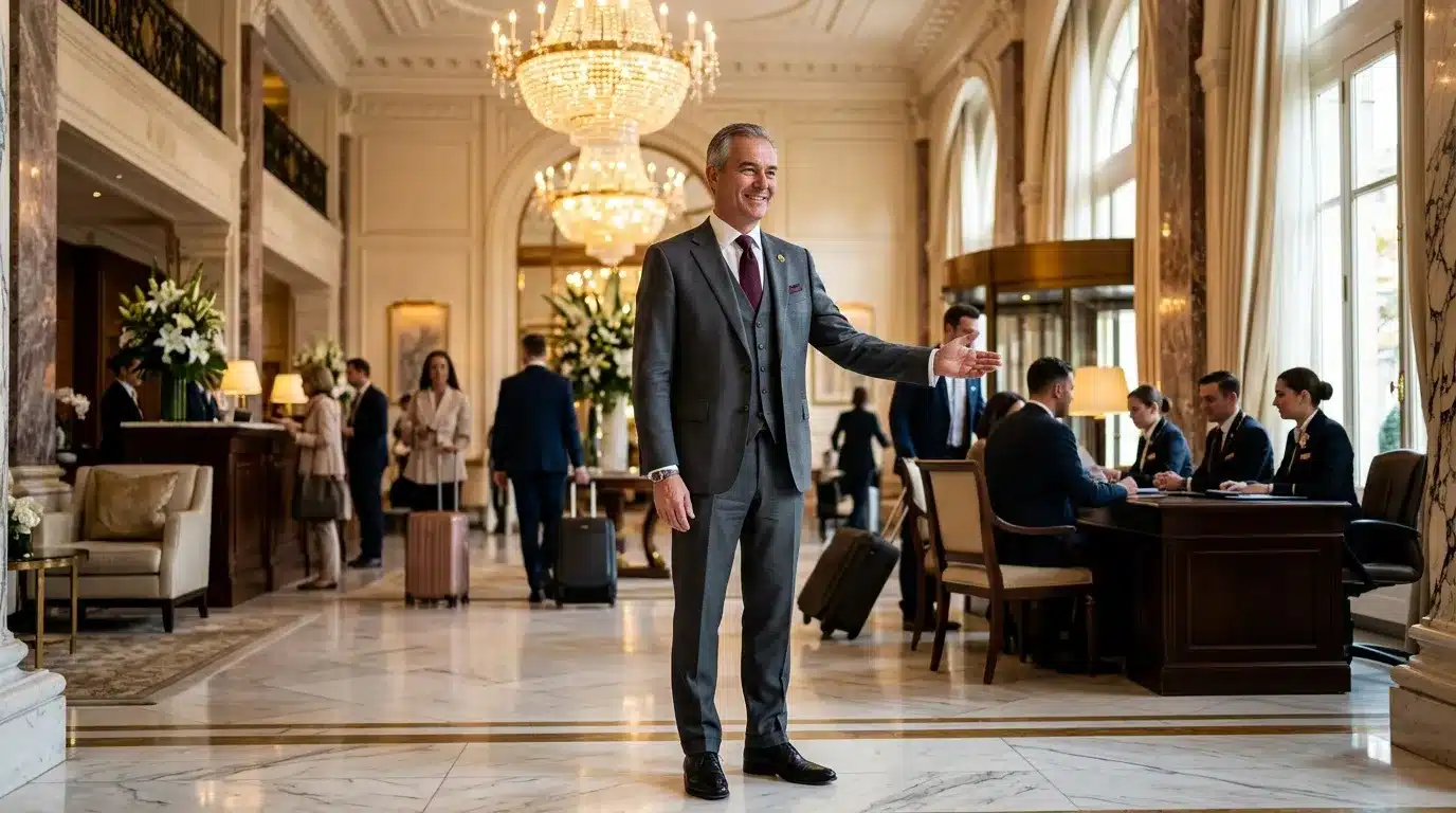 Homme en costume gris accueillant dans un hall de prestige