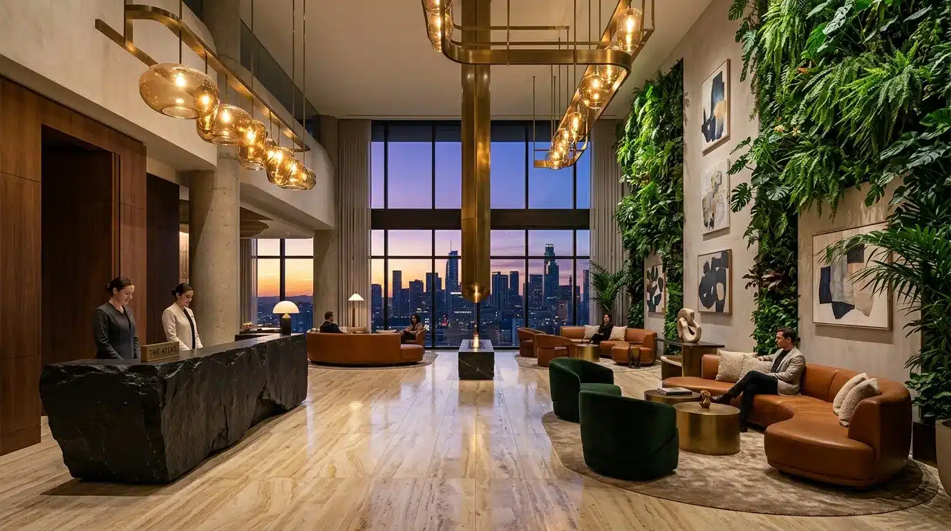 Hall moderne d'hôtel avec vue panoramique sur gratte-ciel
