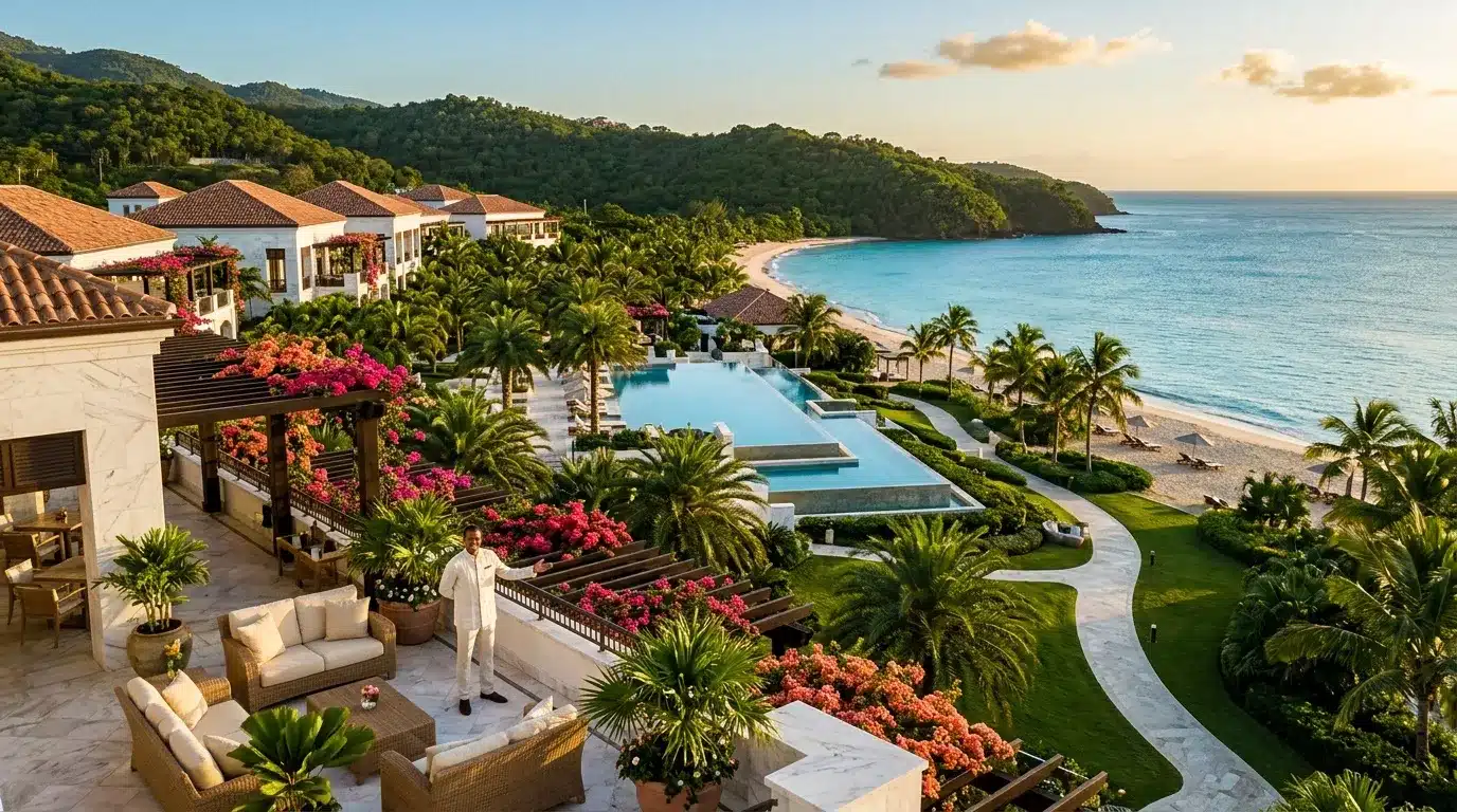 Villa luxueuse avec piscine surplombant plage turquoise