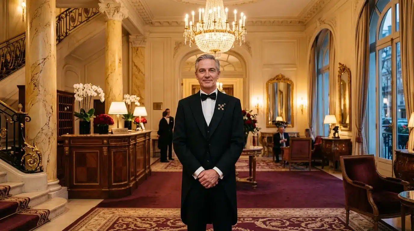 Homme en smoking dans un palace ornementé avec lustres et colonnes dorées