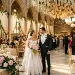 Couple de mariés dans une cathédrale gothique décorée de fleurs