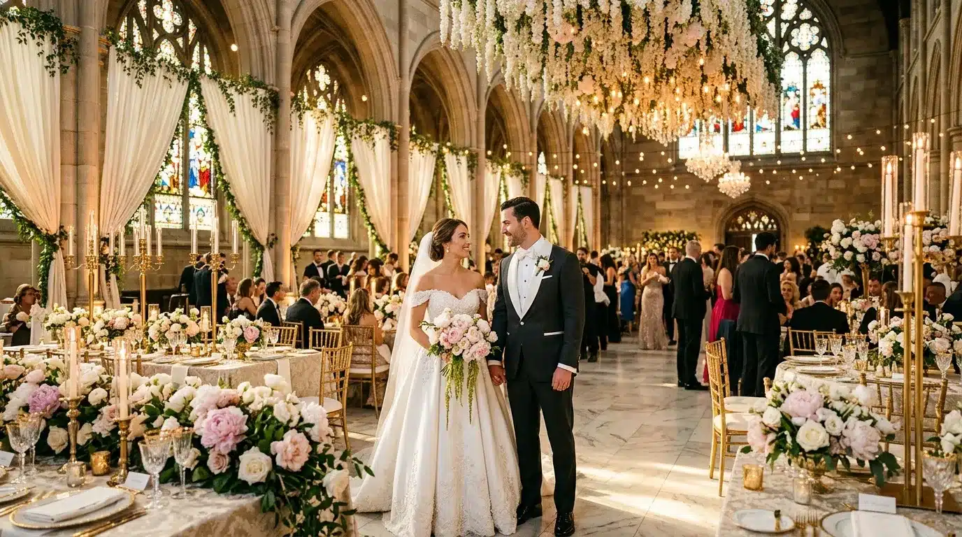 Couple de mariés dans une cathédrale gothique décorée de fleurs