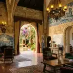 Hall palatial avec azulejos bleus, mobilier ancien, luminaires dorés