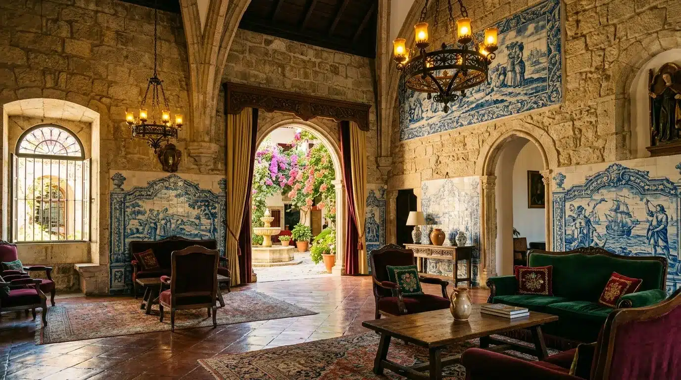 Hall palatial avec azulejos bleus, mobilier ancien, luminaires dorés