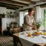 Femme arrangeant des fleurs dans une maison rurale traditionnelle