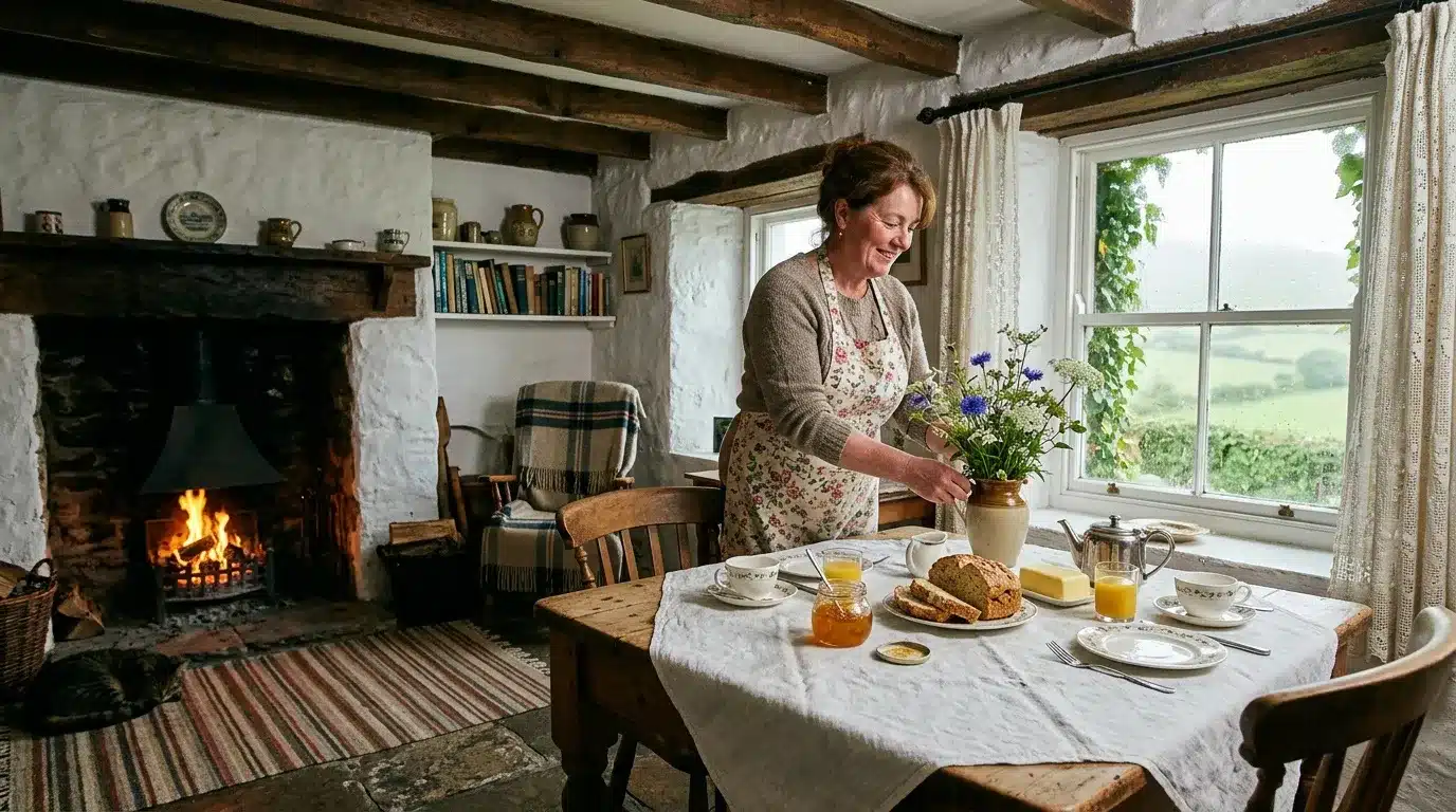 Femme arrangeant des fleurs dans une maison rurale traditionnelle