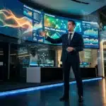 Homme d'affaires présentant données analytics sur écrans numériques