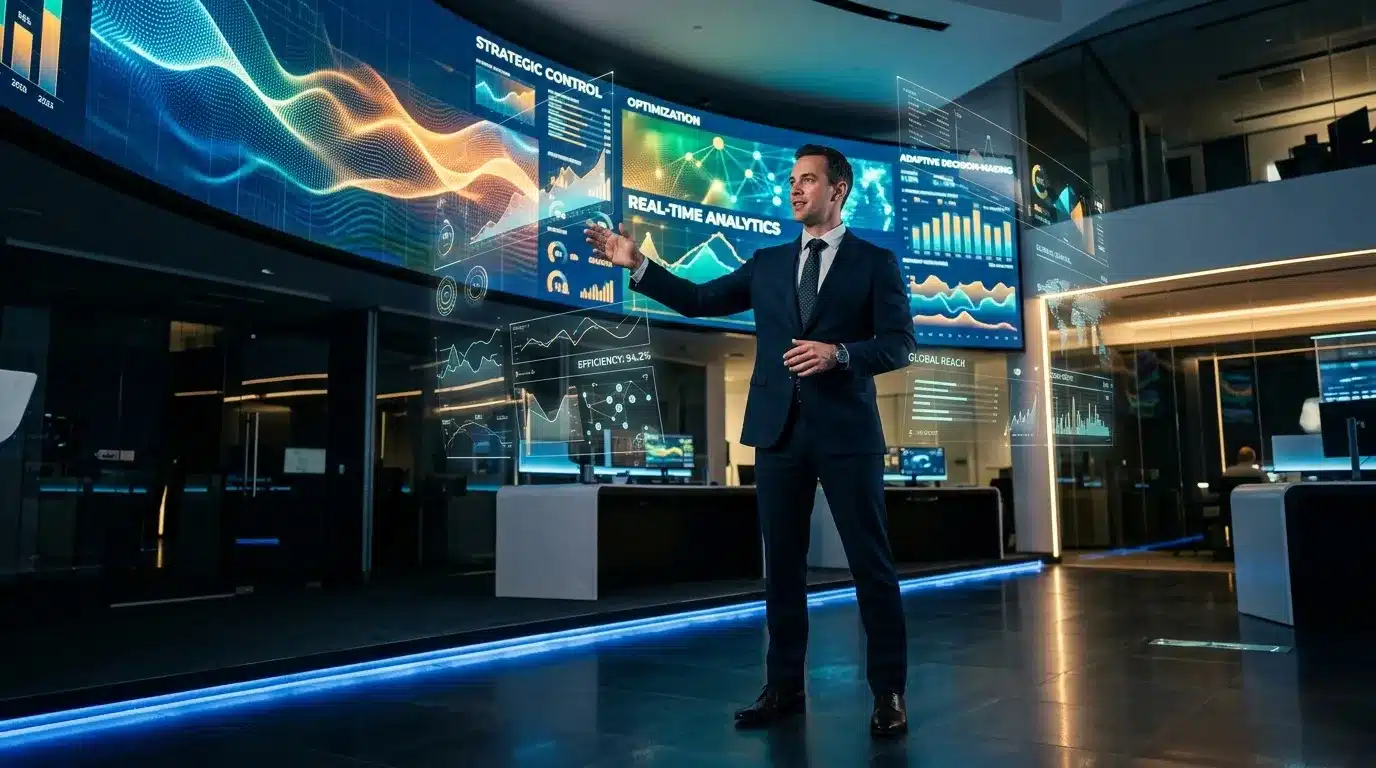 Homme d'affaires présentant données analytics sur écrans numériques