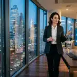 Femme présentant des données financières avec vue urbaine nocturne