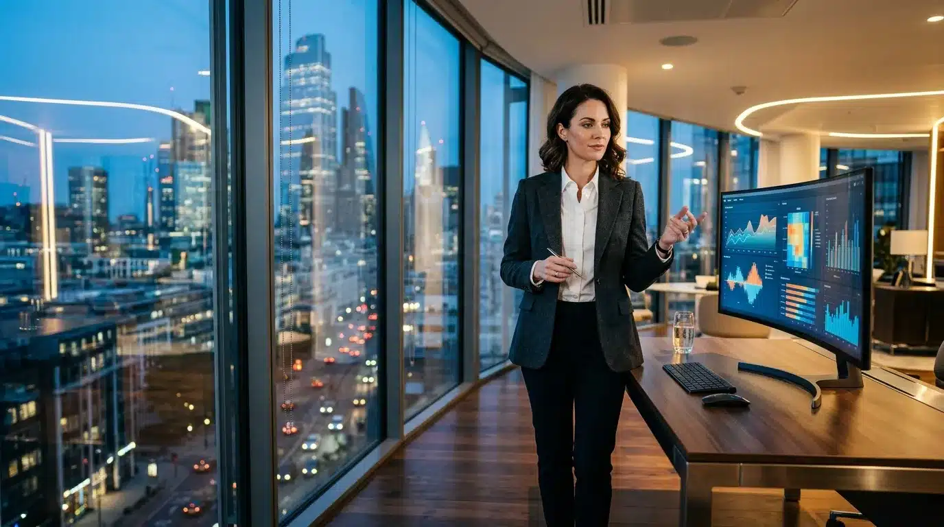 Femme présentant des données financières avec vue urbaine nocturne