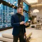 Homme d'affaires consultant son téléphone dans un hall moderne