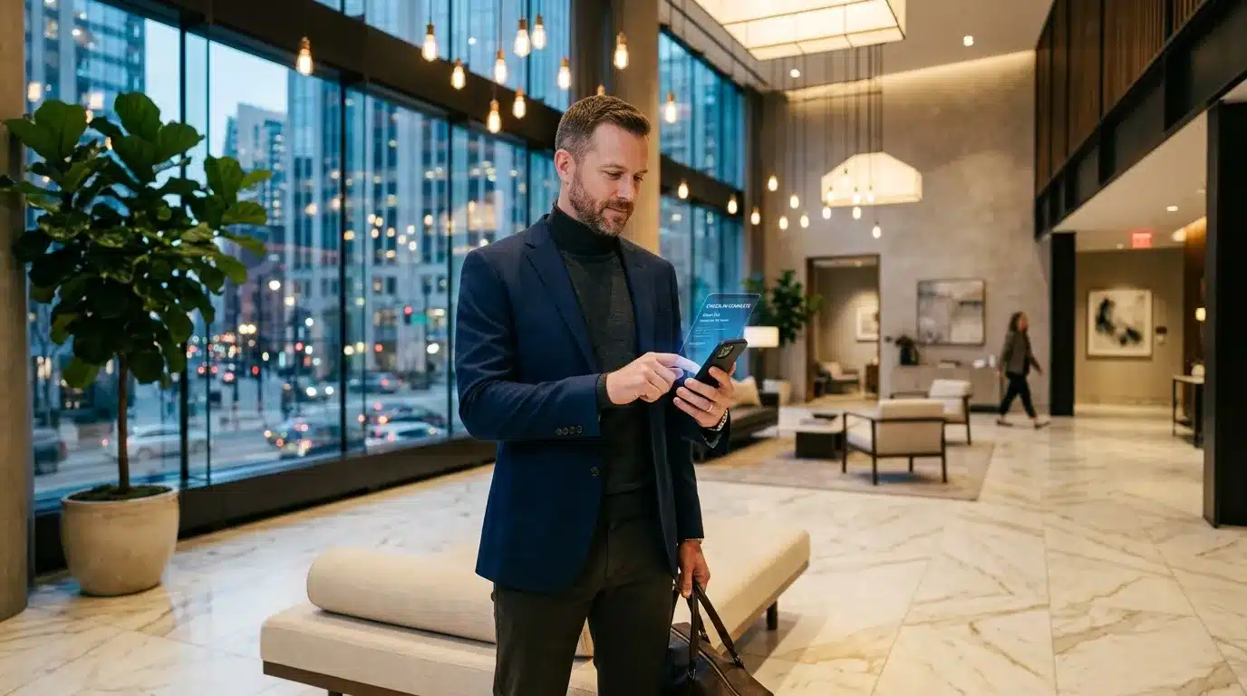 Homme d'affaires consultant son téléphone dans un hall moderne