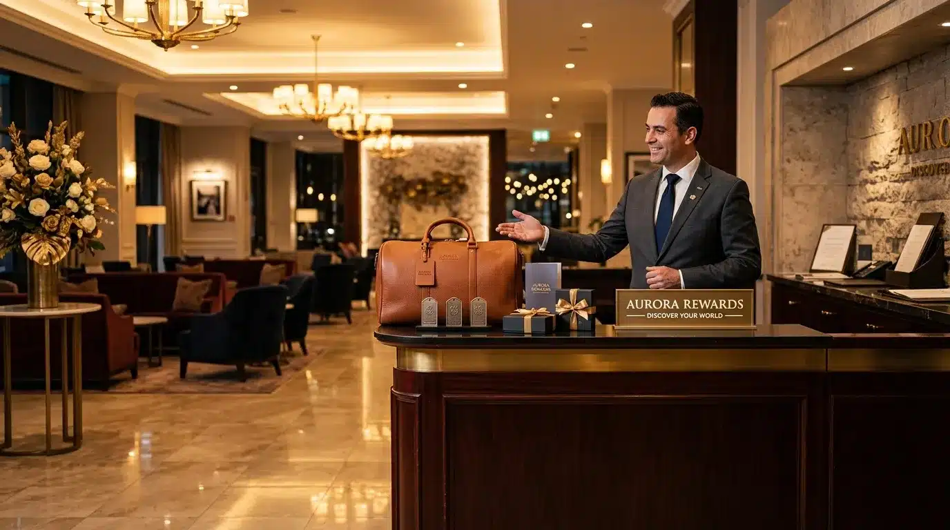 Réceptionniste accueillant client devant comptoir luxueux hôtel