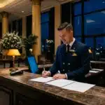 Concierge en uniforme bleu travaillant à la réception d'un hôtel de prestige