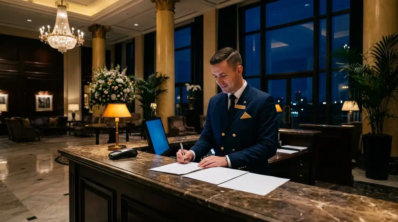 Concierge en uniforme bleu travaillant à la réception d'un hôtel de prestige