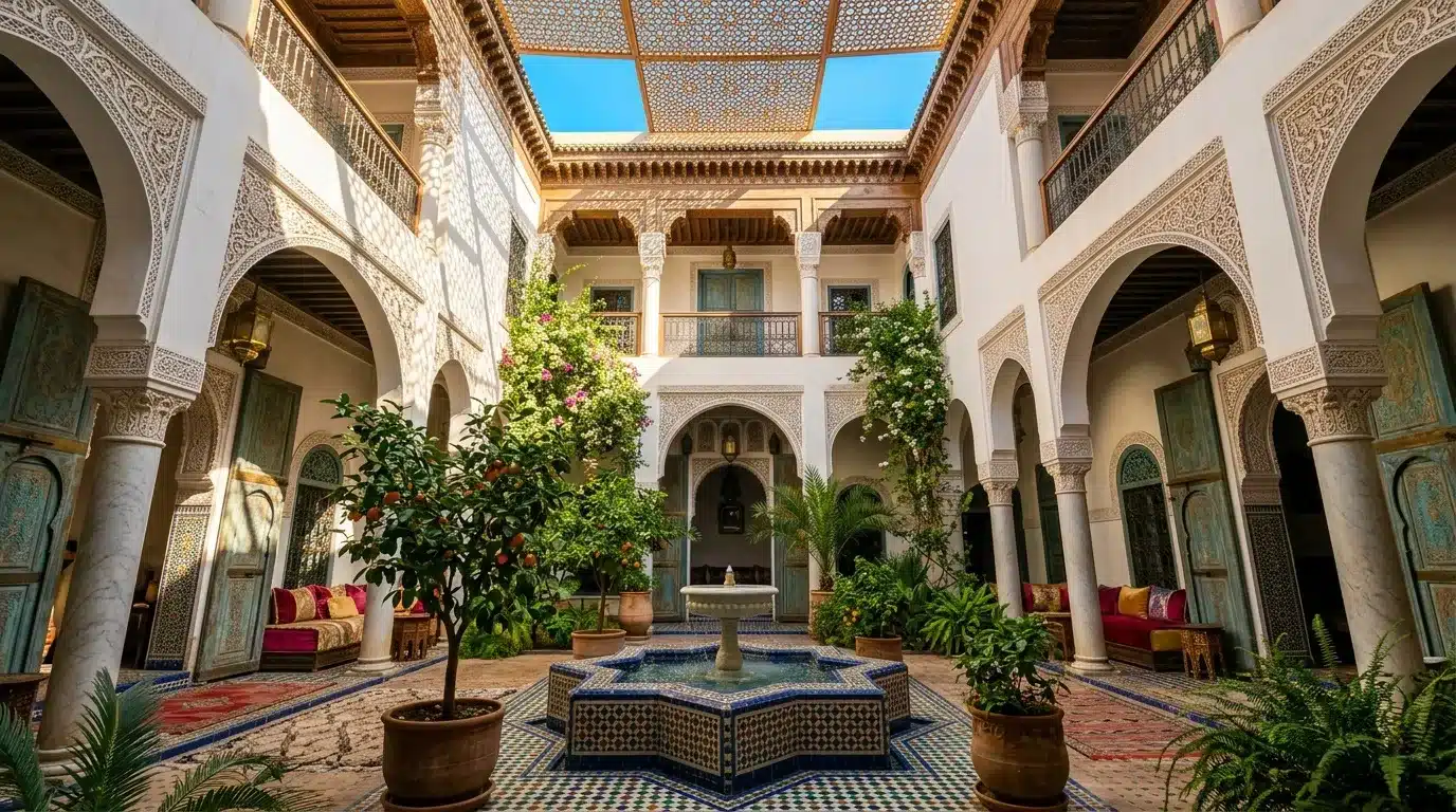 Cour intérieure marocaine avec colonnes, fontaine et arcades