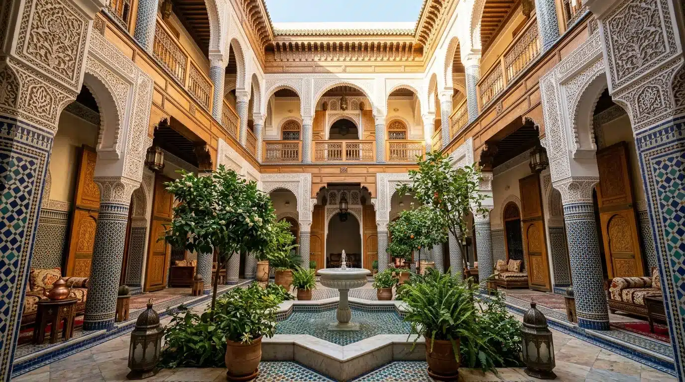 Cour intérieure avec fontaine, arcades et décoration islamique