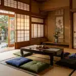 Intérieur japonais avec tatami, table basse et jardin zen.