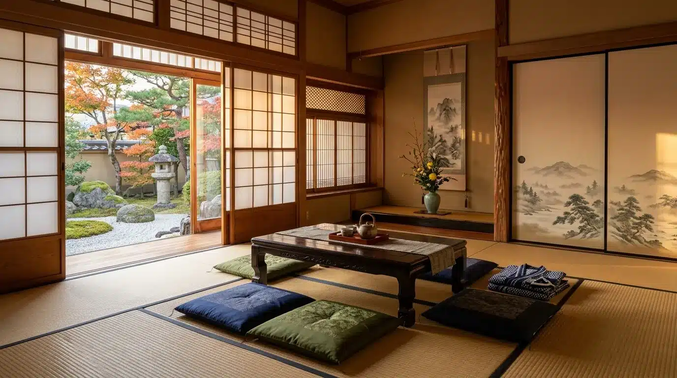 Intérieur japonais avec tatami, table basse et jardin zen.