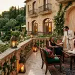 Couple dans une villa toscane avec terrasse, feu et jardin au coucher de soleil