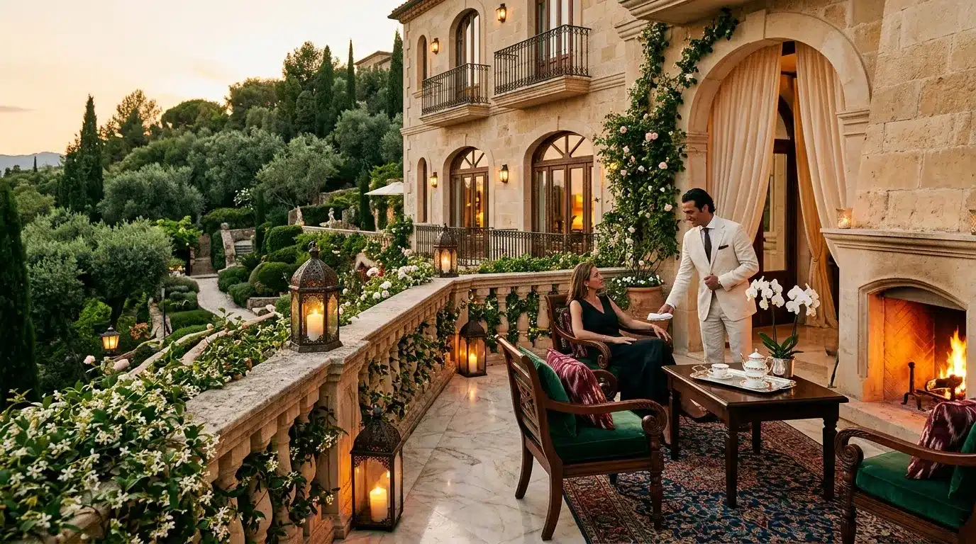 Couple dans une villa toscane avec terrasse, feu et jardin au coucher de soleil