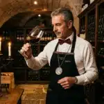 Homme en tenue formelle examinant un verre de vin dans une cave