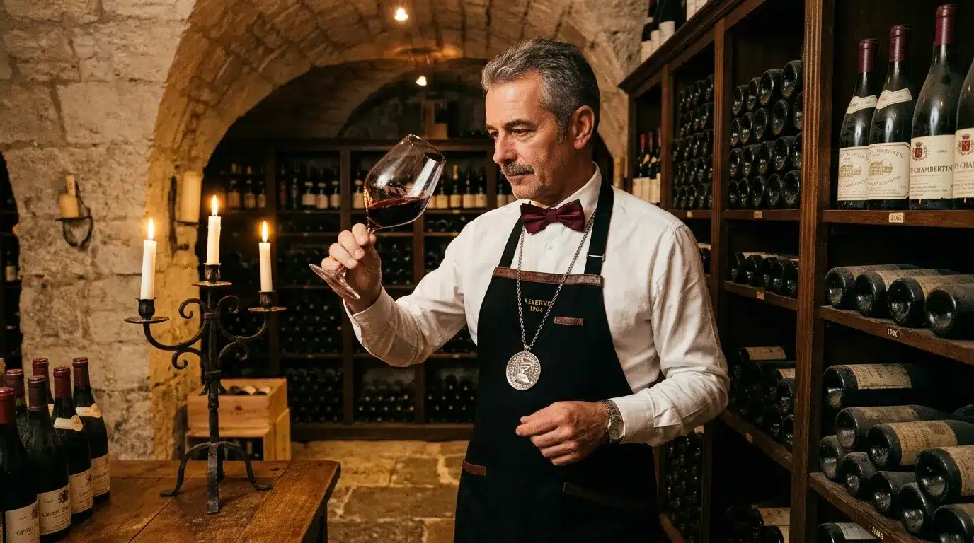 Homme en tenue formelle examinant un verre de vin dans une cave