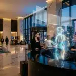 Hologramme interactif dans un hall d'entreprise moderne avec ville illuminée