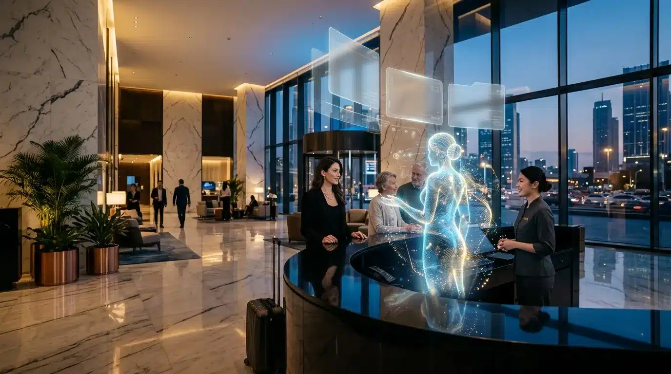Hologramme interactif dans un hall d'entreprise moderne avec ville illuminée